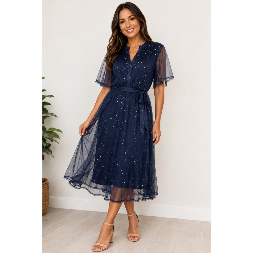 BloomChic Stars Short Sleeve Midi Dress Blue Silver Size 14-16 New